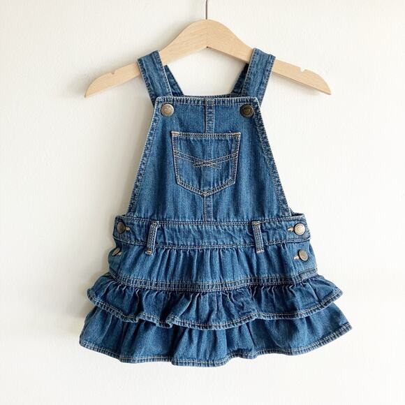 Baby Gap Factory Girls 6-12 Mos Denim Blue Jean Overall Dress Ruffles Pocket - Picture 1 of 7
